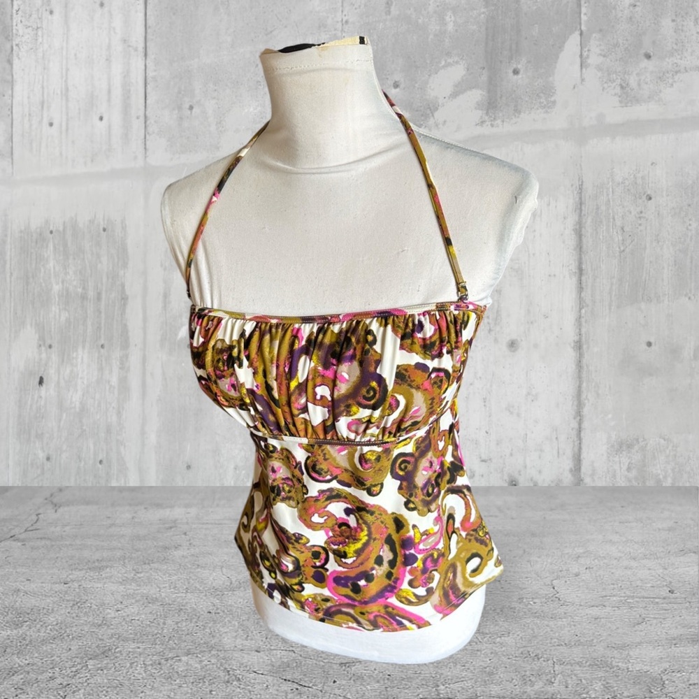 Attention brown psychedelic 70s halter paisley milkmaid tankini swim top